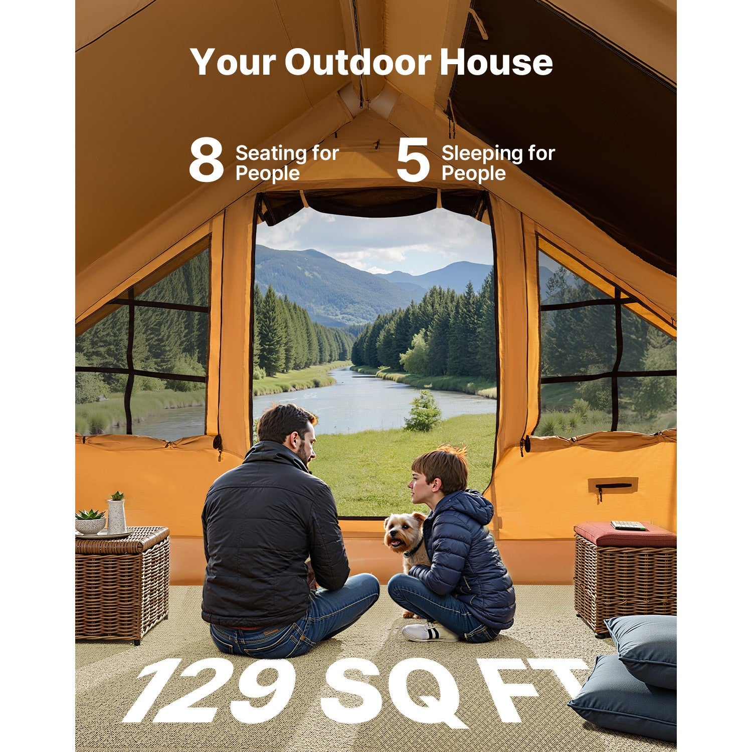 Inflatable Tent for Family Camping Tent 5-8 Person Window Glamping W/ Hand Pump