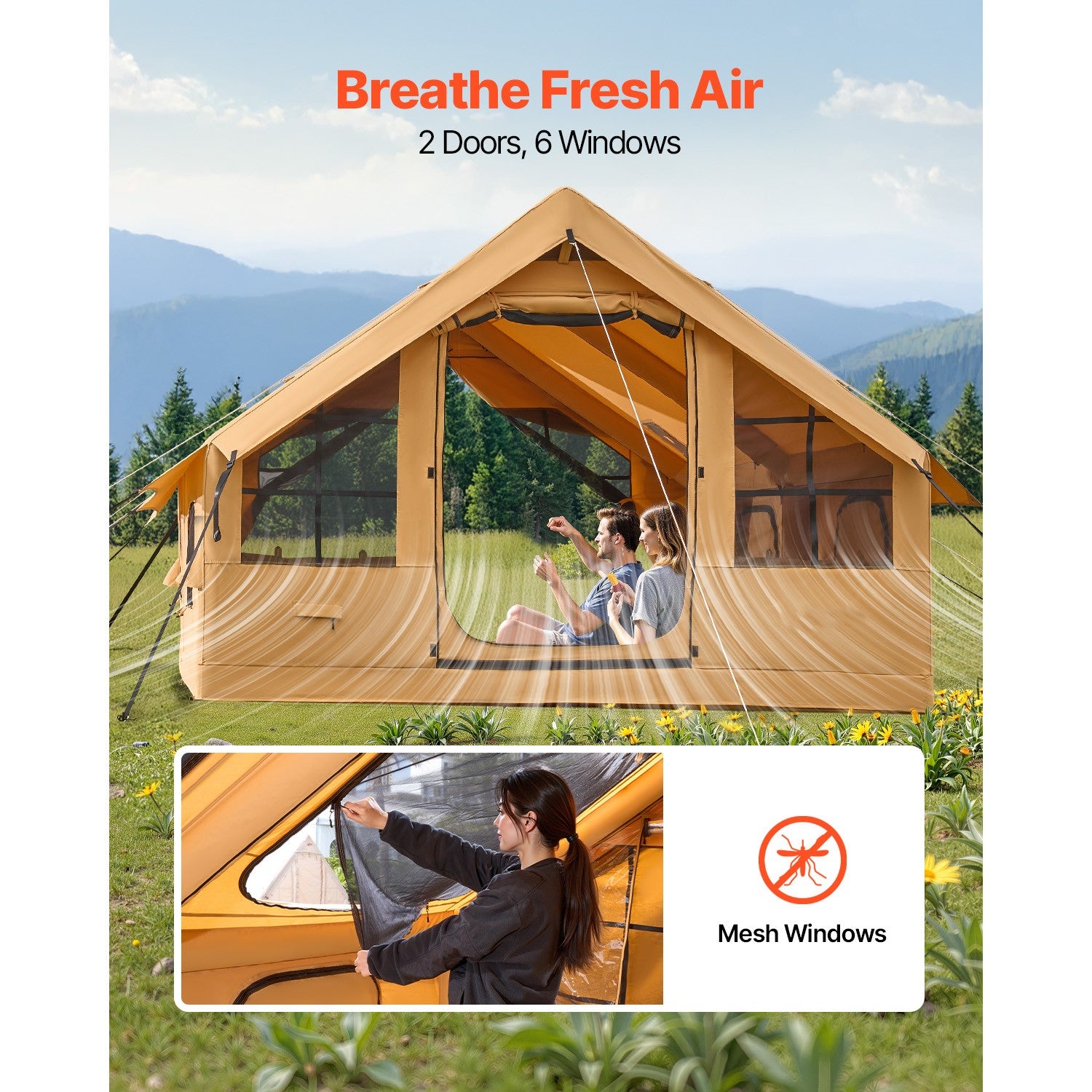 Inflatable Tent for Family Camping Tent 5-8 Person Window Glamping W/ Hand Pump